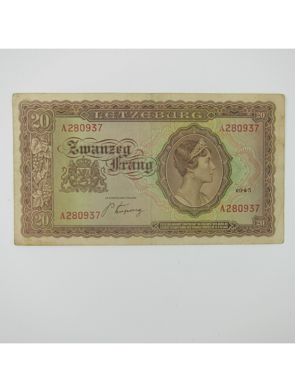 Luxembourg 20 Francs Banknote World War WWII-2 Paper Currency Vintage 1943